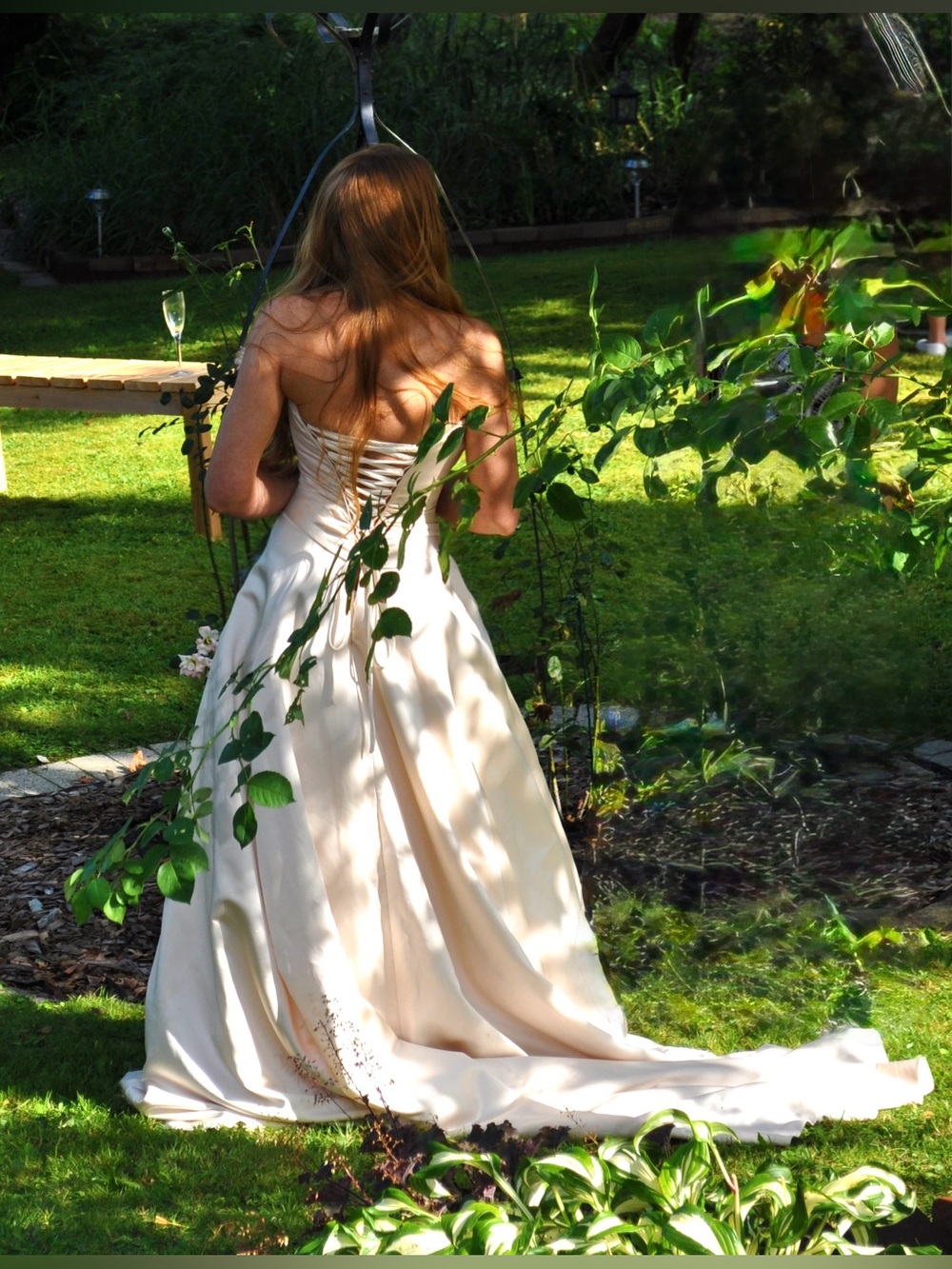 Maggie Sottero | Vintage Strapless Champagne Satin Corset Back Wedding Dress | 8